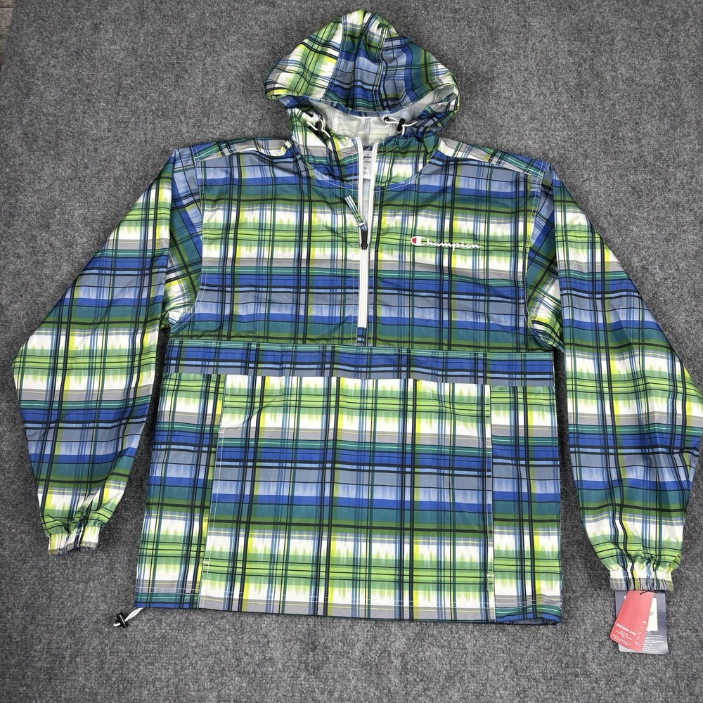 Champion NWT Stadium Packable Jacket Plaid Windbreaker Blue Green - Small